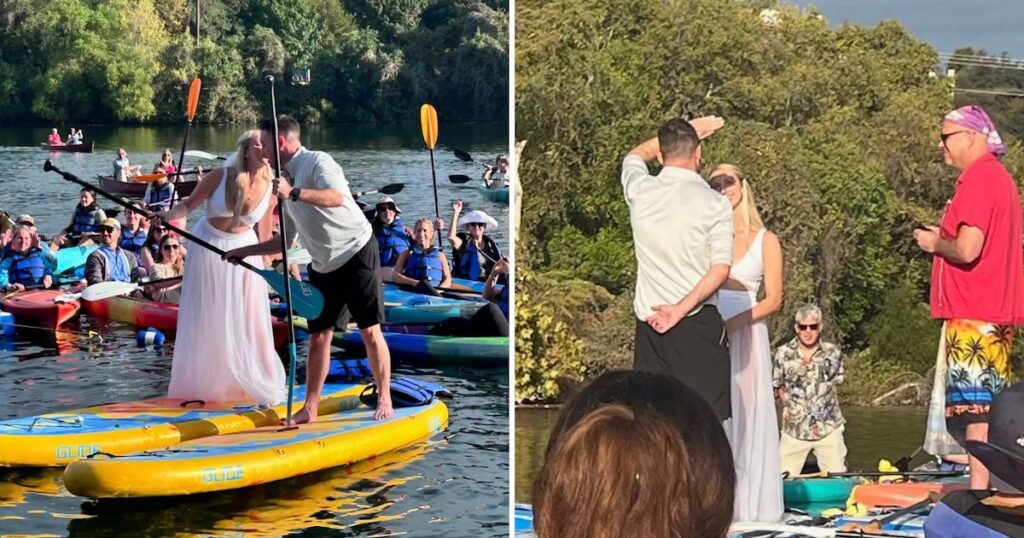 Căsătoria plutitoare care a cucerit în rețele: mirele și mirele au oferit mesele de paletă de surf în fața a 80 de invitați din Kayaksla Pareja și -a sărbătorit unirea pe o platformă gonflabilă, însoțită de familie, prieteni și o echipă de imagine care și -a asumat provocări neobișnuite